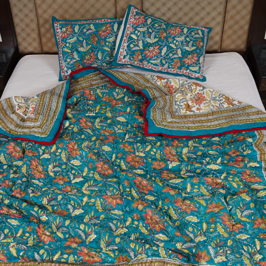 Pacific Green Ratana Hand Block Print Reversible Jaipuri Razai / Quilt At Jaipur Hastkar